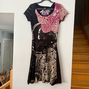 Desigual Urban Mediterranean Black and Pink Artistic Midi Dress